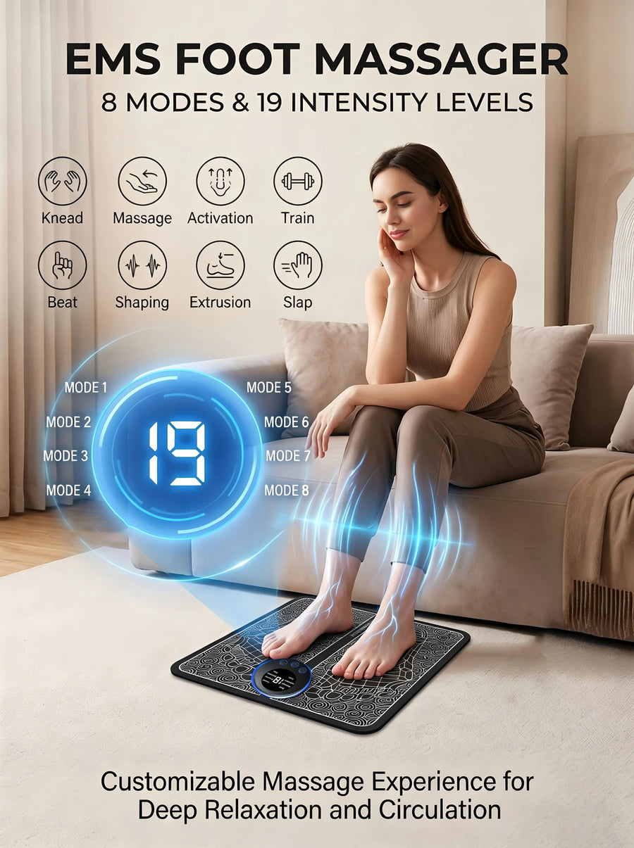 Woman relaxing on a couch using the Novurna EMS foot massager