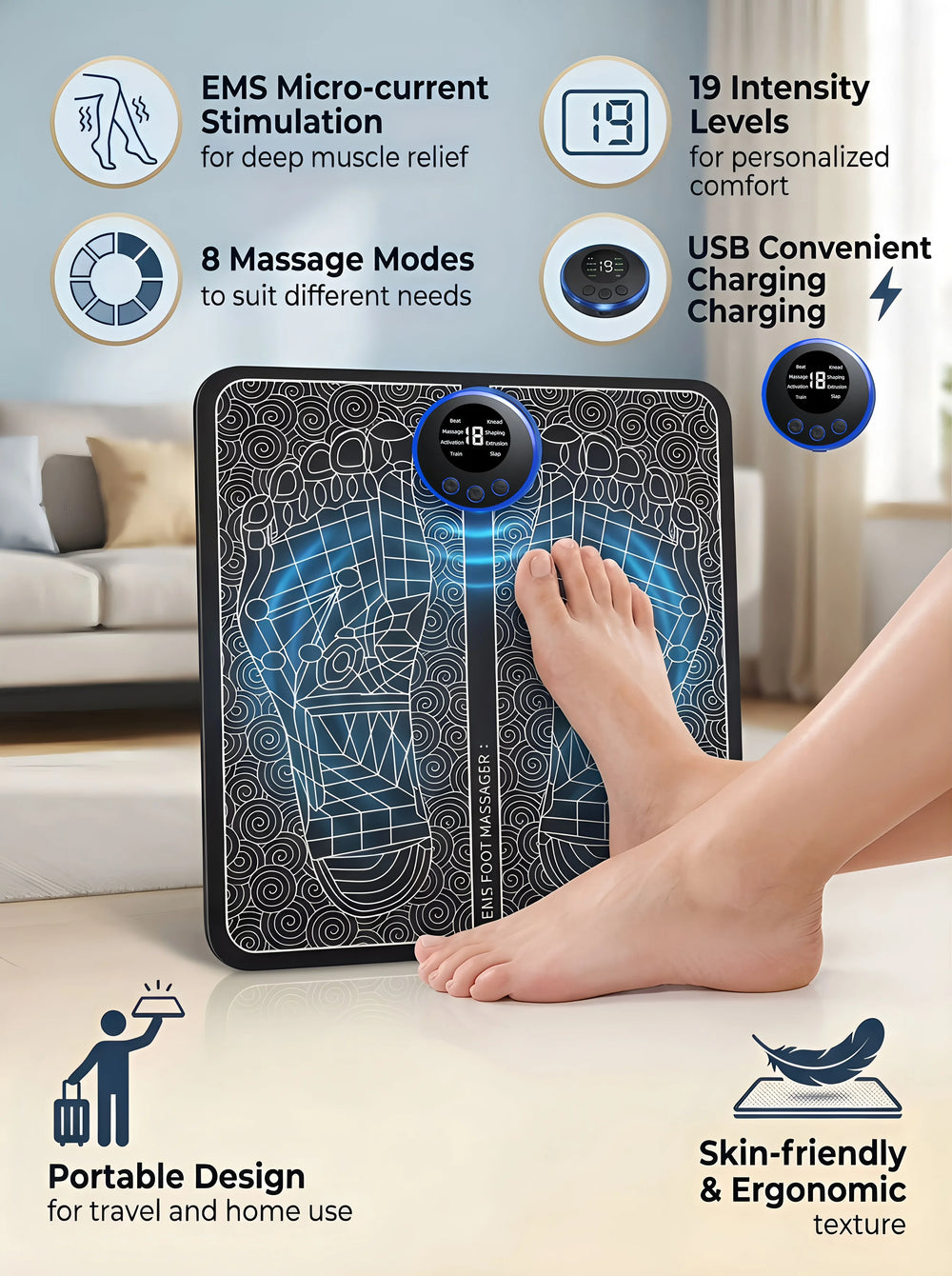 Novurna EMS foot massager features: 19 intensity levels, 8 modes, USB rechargeable, portable
